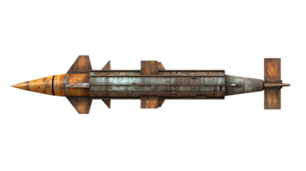 Rusty Military Rocket with Metallic Texture and Sleek Design on a Transparent Background