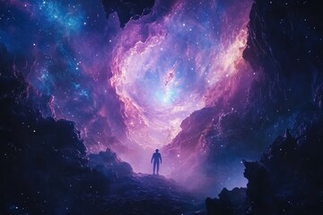 Obraz premium Cosmic exploration journey of a lone astronaut in a vibrant nebula landscape
