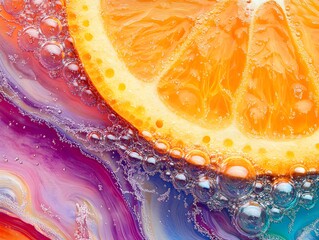 A close-up of a vibrant orange slice in sparkling soda, with bubbles and bright citrus colors, macro photography style, high detail