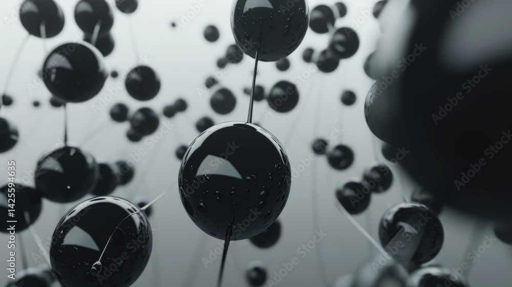 Poster abstract of black circle shape ball with droplet style design connect by pale color bond. sphere bub