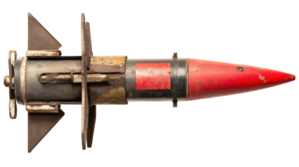 Vintage Metal Rocket Projectile With Red Tip and Mechanical Components Against Black Background