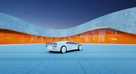 3D rendering White futuristic sports car parked in front of modern building at dusk
