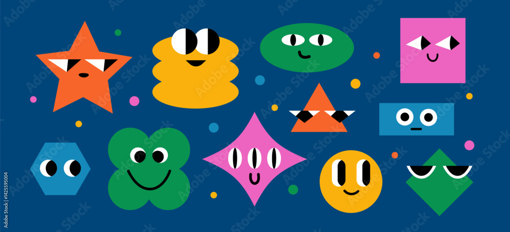 Poster set of basic geometric figures with face emotions. different shapes. characters figure with big eyes