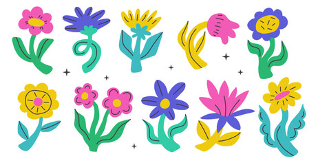 Set of abstract neon flower in funky flat style. Wavy groovy floral botanical elements. Doodle funny plant