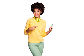 Photo of wavy trendy stylish trendy girlfriend wearing green pants trousers yellow sweater smiling...
