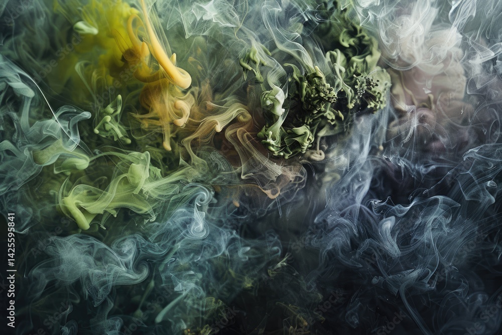 Poster the close up abstract picture of the green and orange smoke colour that is mixing with each other, m