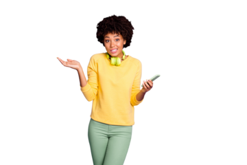 Portrait of her she nice attractive charming lovely unsure awkward wavy-haired girl listening melody don't know different mp3 isolated over violet purple lilac pastel color background