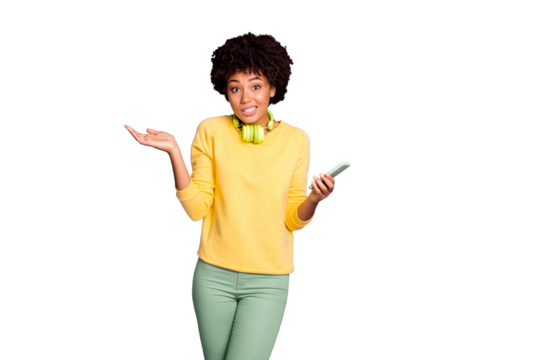 Portrait of her she nice attractive charming lovely unsure awkward wavy-haired girl listening melody don't know different mp3 isolated over violet purple lilac pastel color background