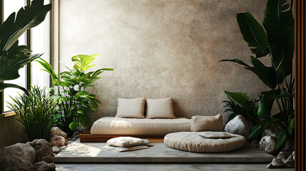 Zen reading nook with low furniture large indoor plants textured walls