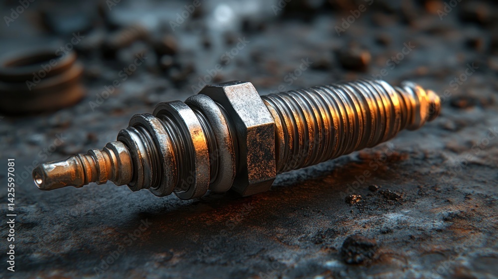 Poster close-up of a weathered spark plug on a rusty surface