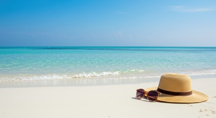 Peaceful tropical beach with hat and sunglasses