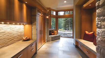 Contemporary home entry hall with sleek built in cabinets stone textures and warm lights