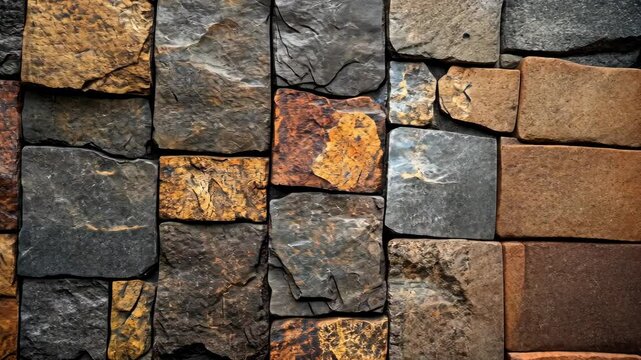 Textured stone wall forms a patterned backdrop with earth-toned, rugged surface