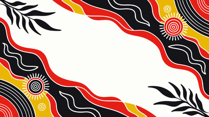 Fototapeta premium Vibrant abstract design featuring flowing red, black, and yellow patterns with decorative sun and leaf motifs, ideal for creative and artistic projects.