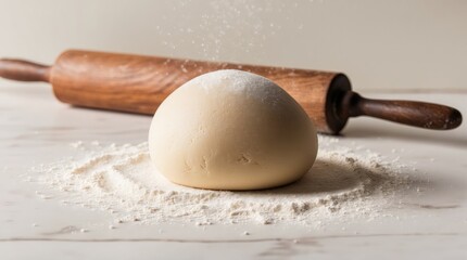 Dough ball with flour, rolling pin in the background.