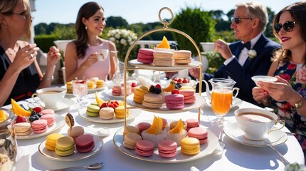 Luxury afternoon tea party dessert table outdoors: Delicious macarons, fruit tarts, pastries served at elegant event. People socializing on sunny terrace. High tea celebration concept.
