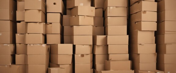 Stacked used brown cardboard boxes ready for recycling , warehouse, transport