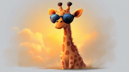 Cartoon Giraffe with Sunglasses Sitting in a Warm Sunlit Scene, Cute Animal Character with Fun Eyewear