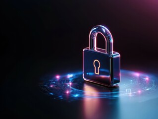 A shiny metallic padlock with glowing accents against a dark, mystical background.