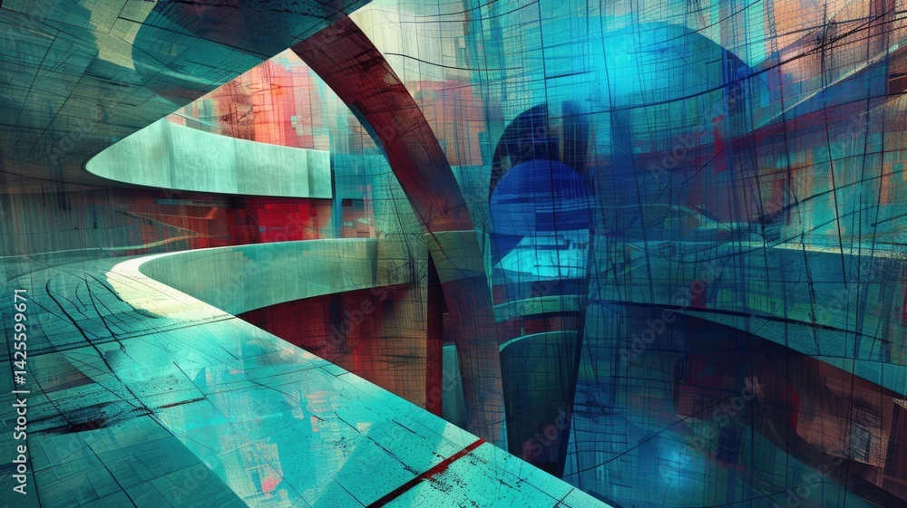 Poster mysterious structure in abstract science fiction style. colorful color line shading express weird sh