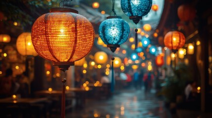 Vibrant street ambiance with illuminated lanterns creating a festive atmosphere at twilight