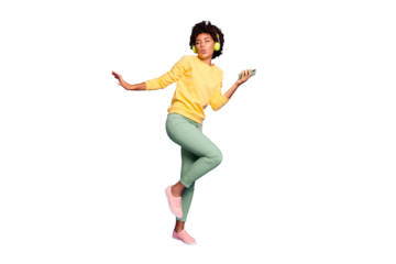 Full length body size view of nice attractive charming dreamy funky funny cheerful wavy-haired girl listening soul dancing having fun isolated over violet purple lilac pastel color background