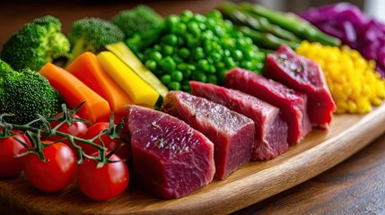Panorama of fresh pet food featuring fresh beef fodder concept. A vibrant assortment of fresh vegetables and meat on a wooden board.