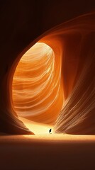 Person Silhouetted in a Warmly Lit Orange Sandstone Cave