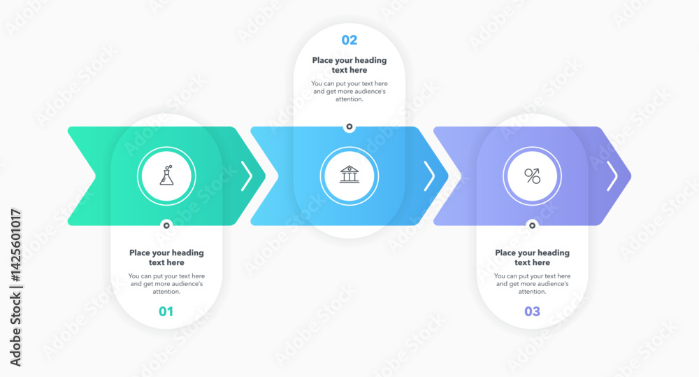 Poster Arrow infographic process template with three colorful steps. Graphic diagram with numbers and icons for workflow layout, banner or web design.