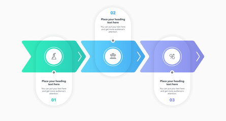 Arrow infographic process template with three colorful steps. Graphic diagram with numbers and icons for workflow layout, banner or web design.