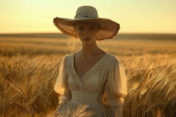 Obraz premium A woman in a straw hat and flowing dress stands in a golden wheat field at sunset.