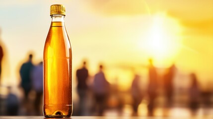 Glass Bottle with Drink Against a Sunset Background and People