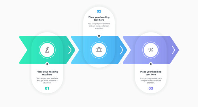 Arrow infographic process template with three colorful steps. Graphic diagram with numbers and icons for workflow layout, banner or web design.
