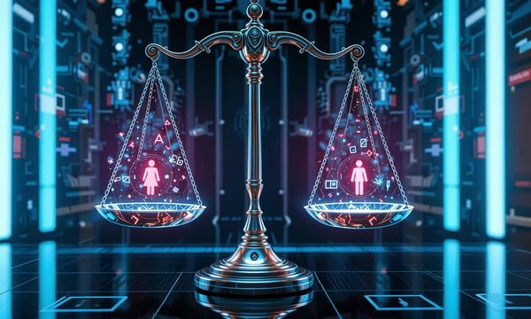 Futuristic glowing justice scale with human gender icons in digital courtroom setting