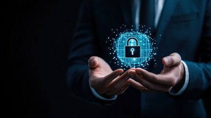 A businessman holds a glowing digital lock, symbolizing cybersecurity and data protection.