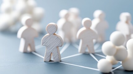 Wooden figure surrounded by diverse group of white people representing entrepreneur network and peer-based business