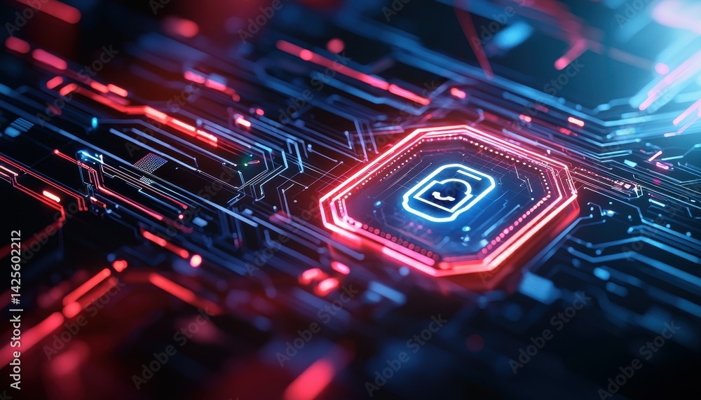 Poster futuristic technology background with glowing circuit patterns in red and blue hues.