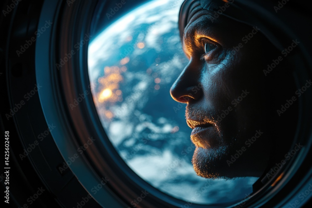 Poster an astronaut gazes at earth from a spacecraft porthole, contemplating the vastness of space and the 