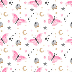 Seamless pattern with pink butterflies, flowers and romantic elements. Print on textiles and wrapping paper.