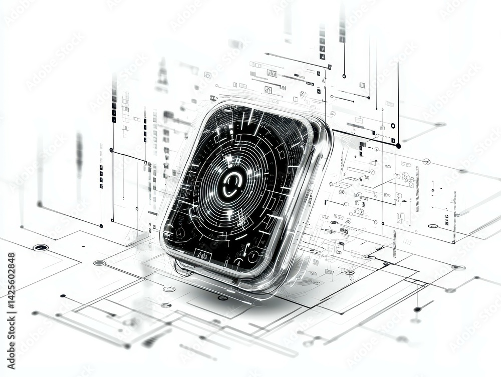 Aufkleber futuristic digital design showcasing an abstract tech device with holographic elements.