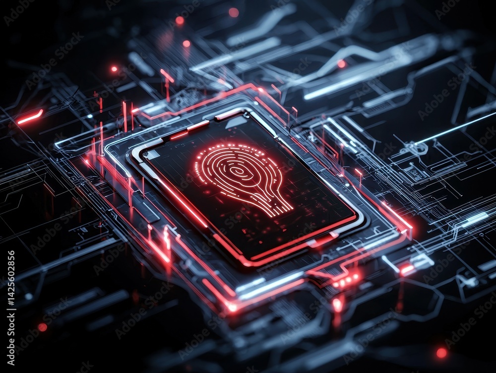 Poster futuristic technology with a glowing circuit board and biometric security feature.