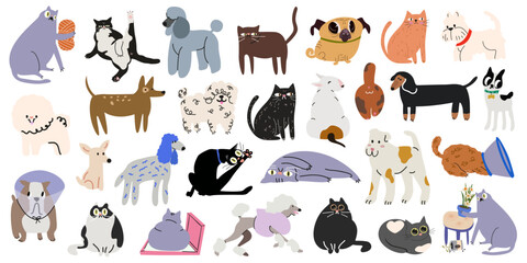 Cartoon cute cats and dogs character collection in various poses and different breeds. Funny domestic animals with happy charming playful expression