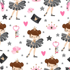 Seamless pattern with ballerina girls and romantic elements. Printing on textiles and wrapping paper.