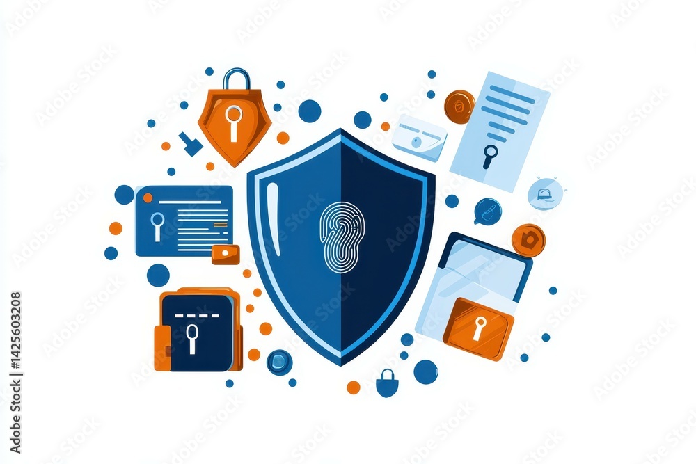 Poster digital security concept featuring a shield with a fingerprint and various security icons.