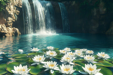 Majestic waterfall cascading into a tranquil lily pond.