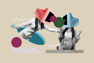 Composite art 3d creative image collage of two anonym girls instead head pc monitor online...