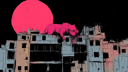 Pink Beasts on Ruined Cityscape