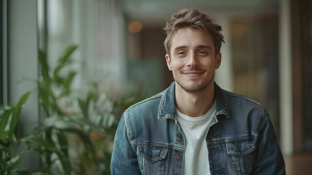 Man in Denim Jacket: A confident and approachable man, beaming with a genuine smile, dons a stylish denim jacket. The soft.
