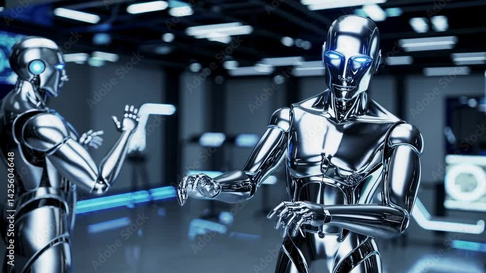Poster futuristic video scene with two humanoid robots in a sleek, metallic environment. side angle capture