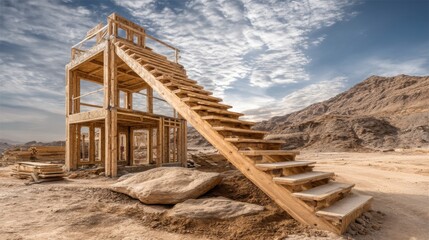 Fototapeta premium A unique wooden structure in the desert representing the housing boom and rapidly expanding home construction trends